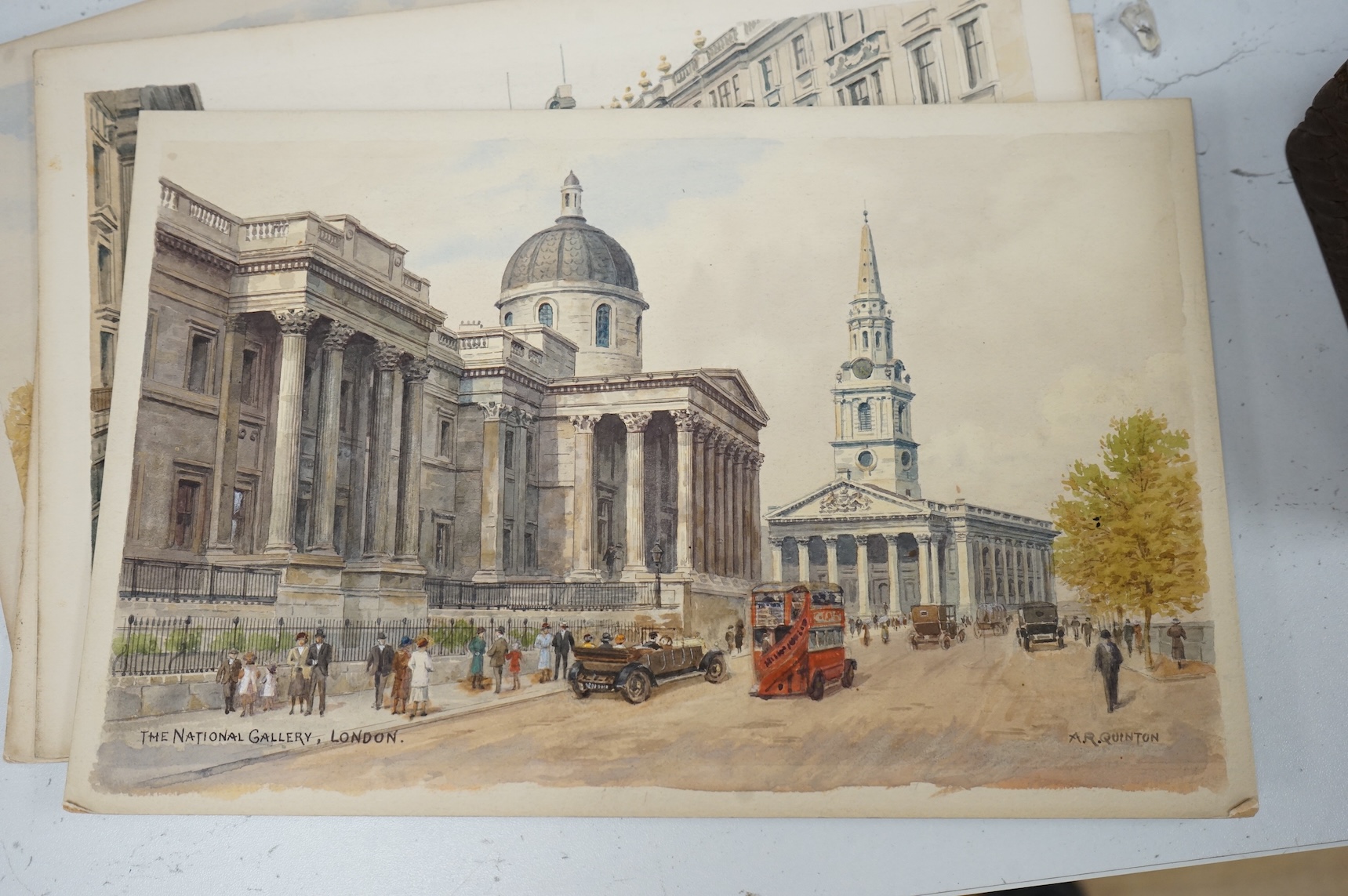 Alfred Robert Quinton (1853-1934), a set of four original watercolours for postcard designs, London scenes to include, ‘National Gallery’, ‘Regent Street’ and ‘Marble Arch’, each signed, unframed, 20 x 30cm